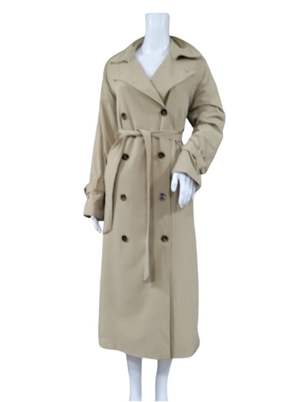 Line and Dot Beige Double Breasted Lux Belted Long Trench Coat Women's Size S-M - Picture 2 of 16